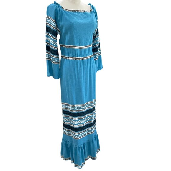 Greek Bohemian Cottagecore Blue Maxi Dress Ethnic Embroidered Prairie Festival - Picture 12 of 14